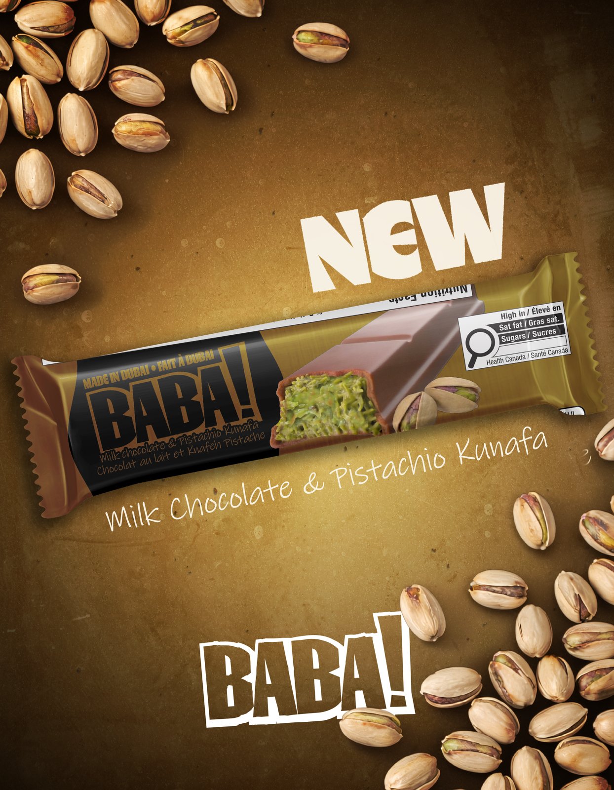 Pub barre BABA! chocolat au lait et knafeh pistache