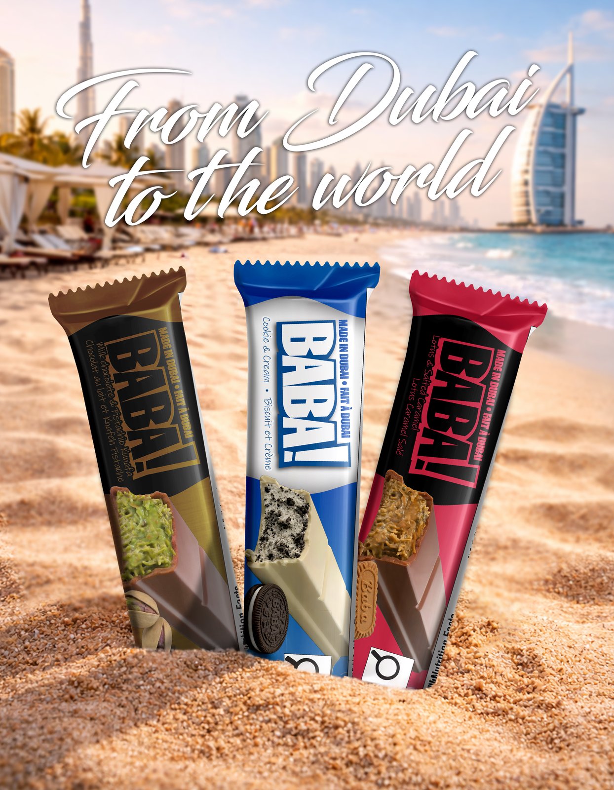 Visuel From Dubai to the world avec les trois barres BABA! sur la plage